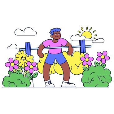 A sunny garden filled with vibrant blooming flowers in various colors, including pink, yellow, and purple. In the center of the garden, a person is performing skull crushers with a barbell. The person has a focused expression and wears athletic clothing. Surrounding them are lush green bushes and neatly trimmed grass, enhancing the tranquil atmosphere of the scene.