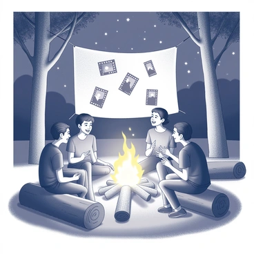 A group of four friends is sitting on logs arranged in a circle around a glowing campfire. The flames dance and flicker, casting shadows on their animated faces as they share stories. Above them, a film reel projector beams light onto a white sheet hung between two trees, displaying black-and-white clips that capture moments from their past adventures. The friends are deeply engaged, with one person laughing while another gestures animatedly. The night sky is filled with twinkling stars, adding to the warm, nostalgic atmosphere of the scene.