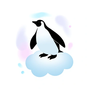 A penguin standing curiously on a small cloud drifting by