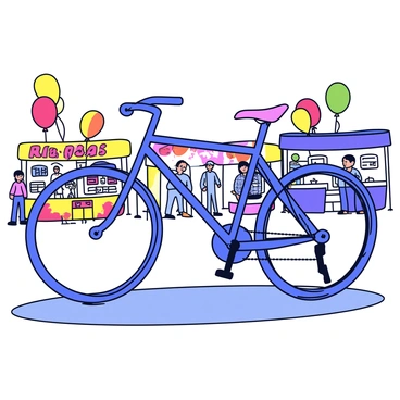 A speed bike with a sleek design and metallic blue frame is positioned prominently at a street festival. The bike features aerodynamic handlebars and thin tires, giving it a sporty appearance. Surrounding the bike are colorful booths displaying various items, including bright banners and signs. Balloons in shades of red, yellow, and green float above the booths, adding to the festive atmosphere. The ground is paved, and people can be seen walking around, engaging with the booths.