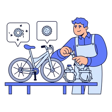 A bicycle mechanic is standing next to a bicycle, pointing at the gears with a tool in hand. The mechanic has a focused expression, wearing a blue shirt and a gray apron. The bike is positioned on a workbench, showcasing its chain and gears prominently. Around the mechanic, small diagrams illustrating the concept of friction are displayed, with arrows indicating movement and friction points. The background is a simple workspace with tools and bike parts neatly organized.