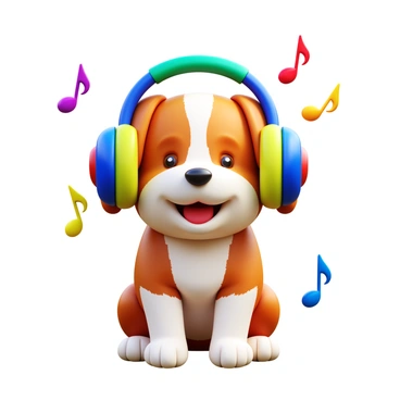 A cartoon of a happy dog with a big smile, wearing oversized headphones that are colorful and plush. The dog has fluffy fur in shades of brown and white, sitting with its paws playfully in front. Musical notes are floating around its head, indicating that it is listening to music. The background is bright and vibrant, enhancing the joyful atmosphere of the scene.