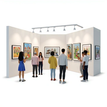 An art exhibition with colorful illustrations displayed on the walls of a spacious gallery. The illustrations feature various styles, ranging from abstract to realism, each framed elegantly. Several visitors of diverse backgrounds are present, engaging with the artwork. One visitor, a woman with long black hair wearing a blue dress, stands closely to a piece, studying it with a thoughtful expression. Another visitor, a man with short curly hair dressed in a casual white shirt and jeans, holds a small brochure while observing an illustration. The gallery is well-lit, highlighting the vibrant colors of the artwork and creating a welcoming atmosphere.