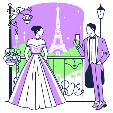 A glamorous scene of a fashionable night out in Paris unfolds under a starlit sky. In the foreground, a woman is elegantly dressed in a Dior evening gown, featuring intricate details and flowing fabric. She stands next to a wrought-iron balcony adorned with hanging flower pots. A sophisticated man in a tailored suit stands beside her, holding a glass of champagne. Behind them, the iconic Eiffel Tower is illuminated, towering above the cityscape. Street lamps cast a warm glow on cobblestone streets filled with people enjoying the lively atmosphere.