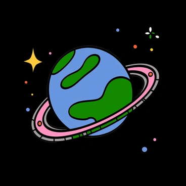 A colorful planet in space surrounded by vibrant rings that resemble a nose piercing. The planet has a textured surface with shades of blue, green, and purple, reflecting light from a nearby star. The rings are circular and metallic, featuring shiny gemstones and intricate designs, creating a striking contrast against the planet's surface. Stars twinkle in the black expanse of space, adding to the cosmic atmosphere.