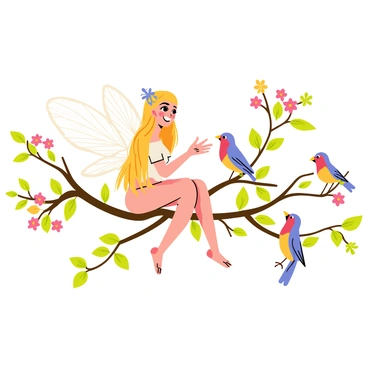 A flower fairy with delicate wings is sitting on a branch. She has long flowing hair adorned with small flowers. Around her, small colorful birds are perched on blooming branches, each bird displaying vibrant feathers in shades of red, blue, and yellow. The branches are filled with clusters of bright blossoms in various colors, creating a lively atmosphere. The fairy is animatedly chatting with the birds, gesturing with her hands as they listen intently. Sunlight filters through the leaves, casting playful shadows around them.