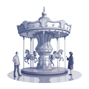 An antique carousel positioned within a museum setting. The carousel features elaborately carved horses adorned with intricate patterns and designs, each horse displaying unique details. The structure of the carousel includes ornate, spiraled columns supporting a circular canopy that showcases decorative elements. Soft, ambient lighting highlights the fine craftsmanship of the woodwork, emphasizing the beauty of the preserved details. The polished floor reflects the carousel, adding depth to the scene. Visitors stand nearby, admiring the craftsmanship and historical significance of the exhibit.
