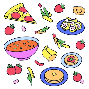 A food collage featuring an assortment of dishes from various cuisines. The collage includes a slice of pizza topped with pepperoni, a bowl of colorful sushi rolls, a small plate of fragrant curry with rice, and a stack of fluffy pancakes with syrup. Fresh ingredients like tomatoes, herbs, and spices are scattered throughout. The background is a vibrant, eye-catching color that enhances the visual appeal of the food items.