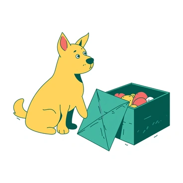 A yellow dog with a tilted head is sitting next to a teal mysterious box. The box has intricate patterns and is slightly ajar, revealing a glimpse of some colorful items inside. The dog's ears are perked up, and its eyes are wide open with curiosity, focused on the box. The setting is a softly lit area, enhancing the air of mystery surrounding the box.