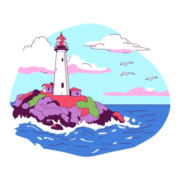 A duotone illustration depicting a lighthouse standing tall on the rocky shores of the Gaspé Peninsula. The lighthouse is painted in white with red accents, contrasting against the deep blue of the ocean waves crashing against the rocks below. Gentle clouds float in the sky, with hints of pink and orange from the setting sun reflecting off the water's surface. Seagulls are seen soaring above the lighthouse, while patches of green vegetation dot the coastline, completing the serene coastal landscape.