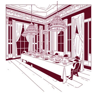 An ornate dining hall within "Bangalore Palace" features grand wooden panels and intricately carved pillars. The long dining table is elegantly set with fine china and sparkling crystal glasses. Above, multiple "chandeliers" hang, each adorned with shimmering crystals that reflect light beautifully. Rich tapestries with "intricate patterns" adorn the walls, and large windows draped in plush curtains allow soft light to filter in. The floor is polished wood, adding an element of sophistication to the royal feast setup.