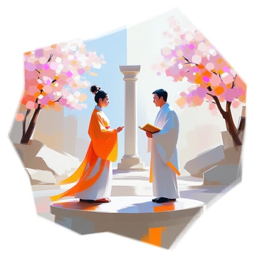 A symbolic illustration featuring two figures representing Eastern and Western ideologies. The figure representing Eastern ideology is dressed in flowing, traditional robes adorned with intricate patterns, standing gracefully with a serene expression. Nearby, the figure representing Western ideology is wearing a tailored suit, holding a book in one hand, and has a thoughtful expression. The two figures are positioned facing each other, with a landscape that merges elements of both cultures behind them, such as cherry blossom trees on one side and a stately column on the other, symbolizing balance and dialogue between the ideologies.