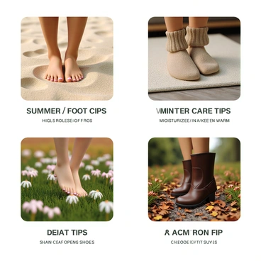 A close-up view of a person's feet shown in four distinct seasonal settings. In the top left, the feet are bare and sun-kissed, standing on a sandy beach with footprints in the sand, emphasizing summer foot care tips such as hydration and sunscreen application. In the top right, the feet are in cozy woolen socks, resting on a plush rug in a warm living room, highlighting winter foot care tips like moisturizing and keeping warm. In the bottom left, the feet are adorned with colorful nail polish, walking through a field of blooming flowers, representing spring foot care tips including exfoliation and trying out open-toe shoes. In the bottom right, the feet are clad in sturdy boots, crunching over fallen leaves on a forest trail, illustrating autumn foot care tips such as arch support and choosing the right footwear. Each setting is detailed to reflect the specific season and its corresponding foot care advice.