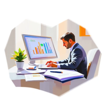 A banker with short, neatly styled hair and wearing a professional suit is seated at a tidy desk. He is focused on typing on a modern computer, which has a clear screen displaying financial graphs. Surrounding him are various financial documents, neatly stacked and organized, including reports and charts. A sleek pen is placed on the desk next to a notepad, and a small potted plant adds a touch of greenery to the workspace. The lighting is bright, highlighting the organized environment.