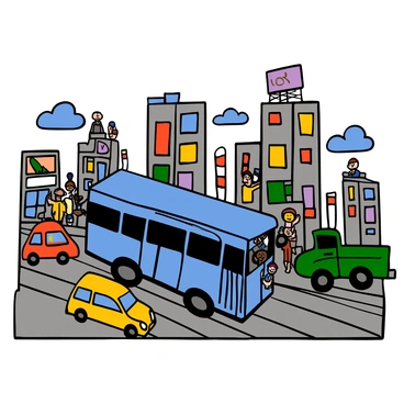 A blue bus with a shiny exterior is stuck in a busy city traffic jam. The bus is positioned in the center of the scene, with its doors closed. Surrounding the bus are various colorful vehicles, including a bright red car, a yellow taxi, and a green pickup truck. In the background, tall buildings with colorful advertisements and billboards can be seen, and a few pedestrians are visible on the sidewalks. The sky is clear with a few fluffy clouds, and the overall scene conveys a bustling urban environment filled with movement and activity.