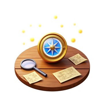 A compass spinning playfully on a wooden table. The compass has a shiny brass casing with intricate details. The table is made of rustic, weathered wood, showing its age with visible grains and knots. Soft light reflects off the compass, creating a sense of movement and excitement. Surrounding the compass are small maps and a magnifying glass, suggesting themes of adventure and exploration.