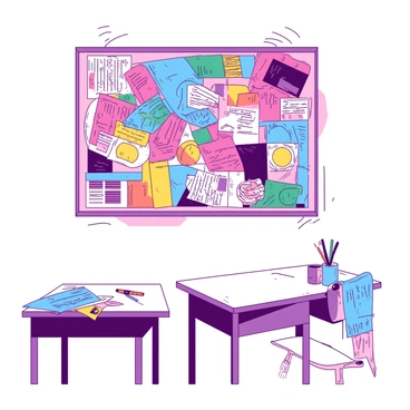 A vibrant collage art project is mounted on a classroom wall, showcasing a variety of colorful images and textures. The collage features cutouts from magazines, fabric swatches, and colorful paper, all layered together to create an engaging visual story. Various shapes and sizes of pieces are intermingled, giving the collage depth and interest. Surrounding the collage, the classroom wall is painted in a soft white color, allowing the collage to stand out prominently as a focal point in the learning space. The desks in front of the wall are arranged neatly, and a few art supplies are scattered nearby, hinting at the creative process behind the project.
