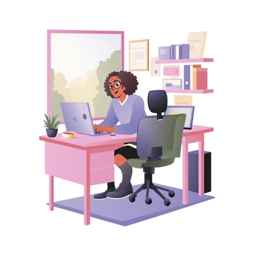 A digital flat illustration depicting an IT professional working remotely from a home office. The professional, a woman with medium skin and short curly hair, is sitting at a tidy desk. She is wearing glasses and a light blue sweater. The desk is neat, featuring a laptop with a colorful sticker, a small potted plant, and a cup of coffee. There is a wall-mounted shelf behind her with books and tech gadgets. A window beside the desk shows a sunny outdoor scene with green trees. A comfortable chair complements the desk setup, and there is a soft rug underfoot.