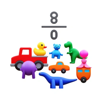 A collection of eight toys, with seven toys displayed in a playful arrangement. The toys include a bright red fire truck, a yellow rubber duck, a blue teddy bear, a green dinosaur, a purple robot, an orange car, and a pink ballerina. Each toy is positioned creatively to emphasize the fraction "8/7". The eighth toy stands prominently in the background, creating a sense of depth and focus in the composition.