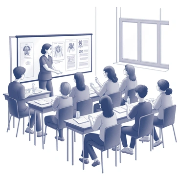A classroom filled with several rows of desks, each occupied by attentive future healthcare professionals. In the front of the classroom, a nurse stands next to a whiteboard covered with medical diagrams and notes. She is wearing scrubs, and her expression conveys focus as she explains a concept, pointing to a diagram. The students, a diverse group of young adults, are taking notes and raising their hands to ask questions. There are anatomy charts hanging on the walls, and a few medical textbooks scattered on the desks. A large window allows natural light to pour into the room, illuminating the scene.