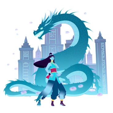 Chun-Li, a strong woman with long black hair styled in twin buns, is standing confidently in a dynamic pose. She is wearing her iconic blue qipao with gold accents, showcasing her powerful stance. In front of her looms a massive, mythical dragon with shimmering scales and fierce eyes, its body coiled around the stone pillars of an ancient temple. The temple is adorned with intricate carvings and glowing runes, casting an ethereal light. Dust particles float in the air, illuminated by the soft glow of the temple's surroundings as Chun-Li prepares to confront the dragon.