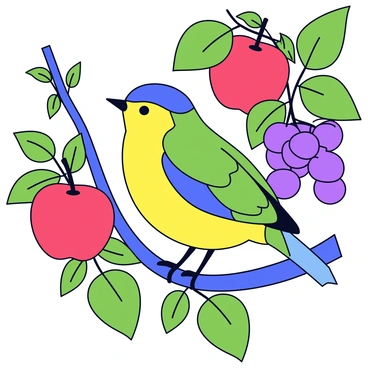 A colorful finch perched on a branch, surrounded by ripe fruits in a lush orchard. The finch has a bright yellow chest and a deep blue head, with its wings displaying shades of green. The branches are laden with red apples and clusters of purple grapes. The orchard is filled with green leaves, creating a vibrant atmosphere, and the sunlight filters through the foliage, casting soft shadows on the ground.