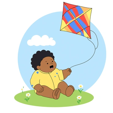 A chubby baby with curly black hair is sitting on soft green grass, gazing up with wide, curious eyes. The baby is wearing a bright yellow onesie with little blue stars. Above the baby, a large, colorful kite with vibrant patterns of red, blue, and yellow flutters in the sky, caught in a gentle breeze. The kite string is held by a smiling adult off to the side, while a few fluffy white clouds drift lazily in the blue sky. Tiny daisies dot the grass surrounding the baby, adding splashes of white and yellow to the scene.