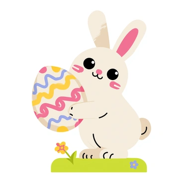 A cute bunny with fluffy white fur is holding an oversized egg decorated with pastel colors. The egg features intricate patterns of pink, blue, and yellow swirls and dots. The bunny has large, expressive eyes and long ears that flop to the sides. It stands on a patch of green grass, surrounded by a few colorful flowers. The scene conveys a playful and cheerful atmosphere.