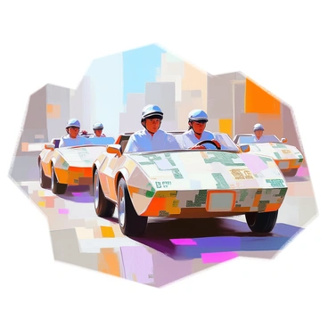 A dynamic scene shows several people driving cars constructed from paper money. Each car features frayed and torn edges, suggesting wear and age. The drivers are engaged and focused, with expressions of determination. The cars are positioned on a vibrant street, and the texture of the paper money is detailed, highlighting the unique patterns and colors of the currency. The overall composition captures the unusual and imaginative concept of vehicles made from paper money.