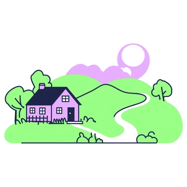 A countryside landscape features gently rolling hills under a clear sky. In the foreground, there is a farmhouse with a sloped roof and a porch, surrounded by a small garden. The hills rise and fall in the background, dotted with a few trees that add depth to the scene. A winding path leads from the farmhouse towards the horizon, inviting viewers to imagine a journey through the serene countryside. The entire composition is captured in a green-and-purple outline.