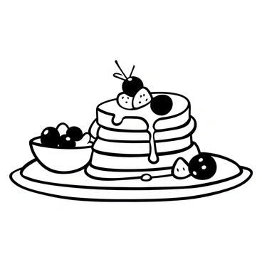 A gourmet plate featuring a stack of pancakes topped with glistening syrup, accompanied by a small bowl of fresh berries. The pancakes are elegantly layered, with some slices of strawberry and blueberry placed artfully around them. A sprig of mint is added for a touch of detail, and a delicate drizzle of syrup cascades down the sides of the stack. The plate is set on a simple tablecloth, accentuating the presentation of the food.