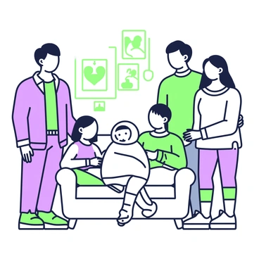 A family portrait is captured in a cozy living room. In the center, there is a newborn baby swaddled in a soft blanket, with a serene expression. Surrounding the baby are four family members, including a father and a mother. The father stands on the left, wearing a casual shirt and jeans, while the mother is on the right, dressed in a comfortable sweater and leggings. A young girl is sitting next to the baby, holding one of its tiny hands, while a teenage boy stands behind them, smiling. The background features a colorful wall adorned with family photos.