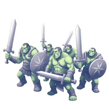 A group of orc warriors standing in a battle-ready stance. Each orc is muscular, with distinct green skin and fierce expressions. They are equipped with ornate, heavy swords and sturdy shields, showcasing intricate designs. The warriors are positioned in a formation, some holding their weapons raised, while others are crouched slightly for a tactical stance. Their battle attire includes leather armor and various pieces of metal plating, reflecting their readiness for combat. The atmosphere is tense, with the orcs displaying determination and focus as they prepare for the impending battle.