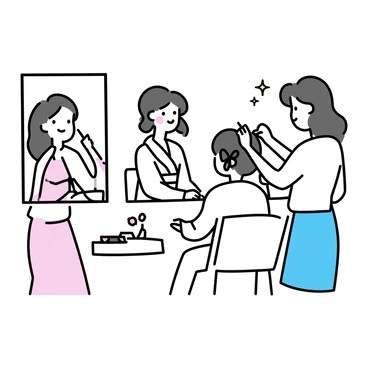 A bride is sitting in a chair, wearing a white robe with her hair in loose waves. Two bridesmaids are standing beside her. One bridesmaid is applying makeup to the bride's face, using a brush to add color to her cheeks. The other bridesmaid is carefully styling the bride's hair, adding a decorative hairpin. The room is well-lit, with a mirror reflecting the scene, and there are flowers arranged on a nearby table.