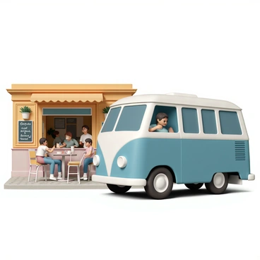 A small bus, painted bright blue with white accents, is parked on the side of a cobblestone street. The bus has a big front windshield and large side windows that reflect the sunlight. Next to the bus, there is a cozy café with a warm, inviting exterior, featuring wooden accents and flower pots adorning the windows. Inside the café, several people are sitting at small round tables, sipping coffee and engaged in conversation. Some are looking at their phones, while others smile and laugh together. A chalkboard sign outside the café displays the day's specials in white chalk.