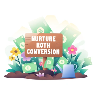 A vibrant garden filled with various plants, each adorned with green dollar bills instead of leaves, creating a unique and whimsical scene. In the center of the garden, there is a wooden sign with the words "Nurture Your Roth Conversion" written in bold, white letters. The sign is surrounded by colorful flowers in shades of yellow, pink, and purple. Sunlight filters through the leaves, casting soft shadows on the garden soil, and a small watering can rests nearby, hinting at care and maintenance of this unusual garden.