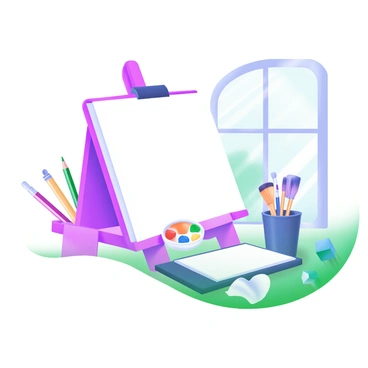 A blank canvas positioned on an easel, awaiting creative inspiration. Surrounding the canvas are various art supplies, including colored pencils, watercolor paints, brushes, and a sketchbook. A cup filled with brushes stands next to the easel, while a few crumpled sheets of paper lie on the floor, indicating previous ideas. Natural light filters in from a nearby window, illuminating the workspace.