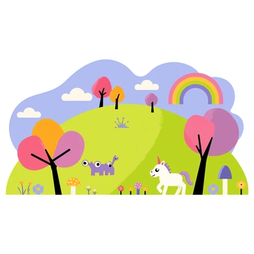 A dreamy landscape featuring a vibrant green hill under a bright blue sky. The scene is filled with whimsical trees that have oversized, colorful leaves in shades of pink, purple, and orange. Scattered throughout the landscape are fantastical creatures, such as a small purple dragon with large, sparkling eyes and a fluffy white unicorn with a shimmering mane. In the background, fluffy clouds float gently, and a rainbow arches across the sky. The ground is dotted with colorful flowers and mushrooms of various shapes and sizes.
