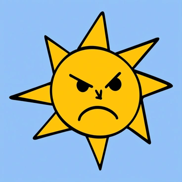 A cartoonish sun with a large round face and bright yellow color is frowning. Its eyes are narrowed, conveying displeasure, and its mouth is turned down in a grumpy expression. The sun is surrounded by rays that are sharp and aggressive in appearance, extending outward like pointed spikes. The background is a clear blue sky, enhancing the sun's striking features.