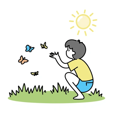 A sunny grassy meadow with vibrant green grass covering the ground. In the foreground, a child with short brown hair is crouched down, reaching out with both hands to catch a butterfly. The child is wearing a bright yellow t-shirt and denim shorts. Around the child, several colorful butterflies with orange, blue, and yellow wings are fluttering in the air. The sun is shining brightly, casting soft shadows on the ground and illuminating the scene with a warm glow.