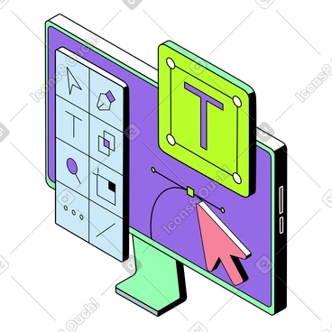 Graphic design software on computer screen animated illustration in GIF, Lottie (JSON), AE