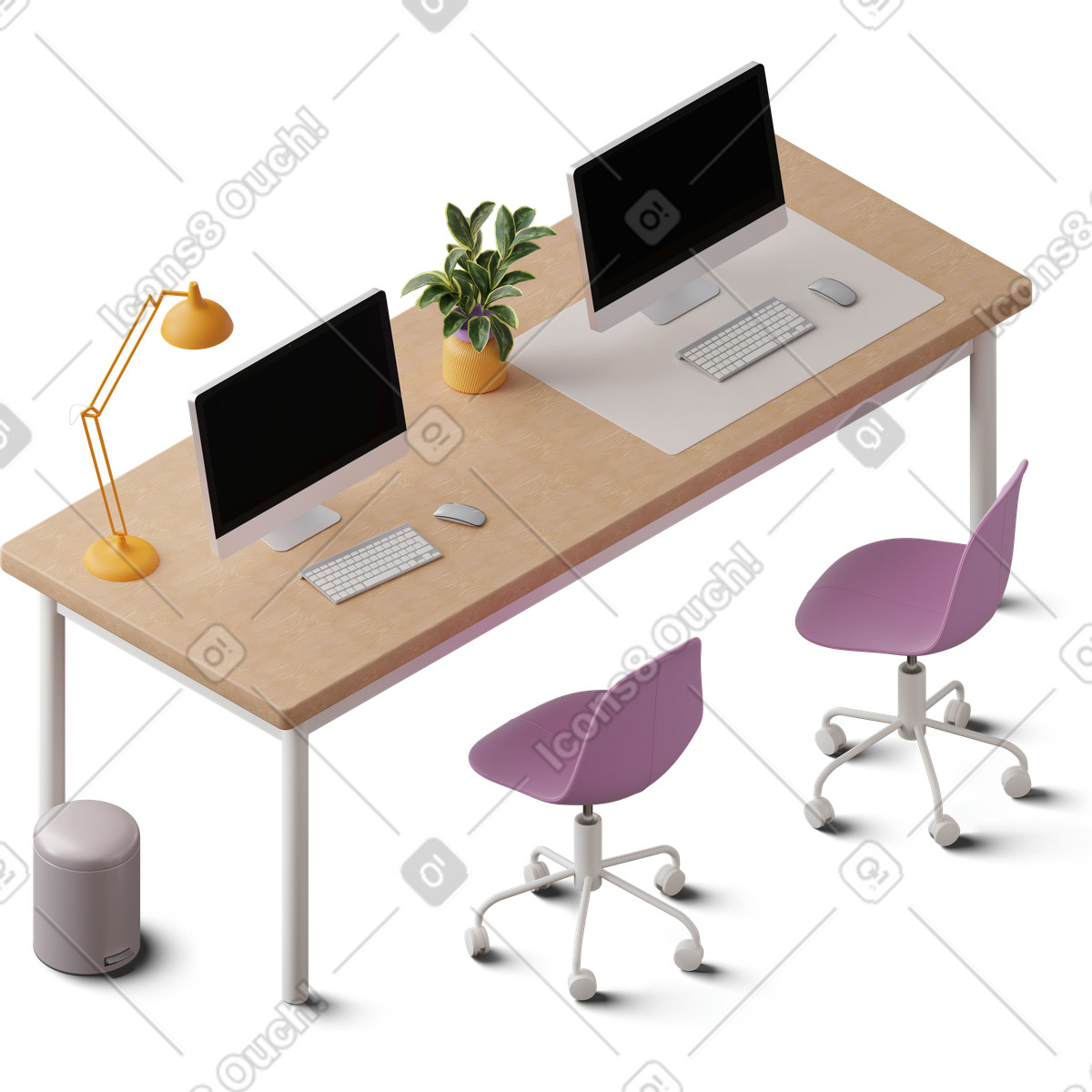 Isometric view of desk with two monitors illustration clipart in office style PNG SVG GIF