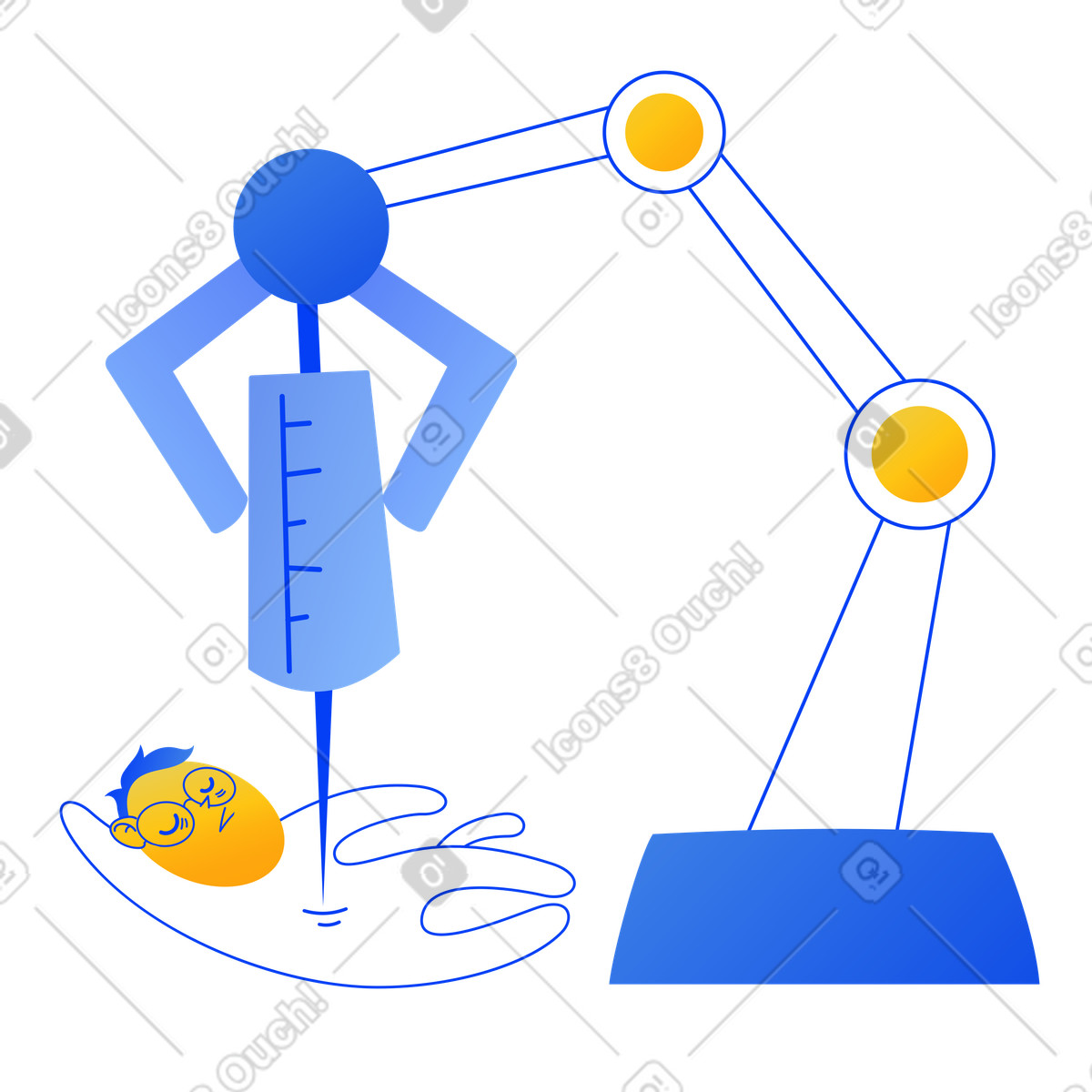 Braccio robotico che conduce un esperimento sul personaggio illustrazione in stile Buddy scarica in PNG, SVG