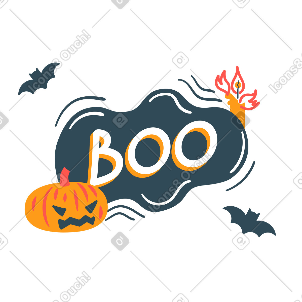 Ilustración Letras de halloween sobre un fondo oscuro con calabazas, murciélagos y una vela en estilo Kingdom a descargar en PNG SVG
