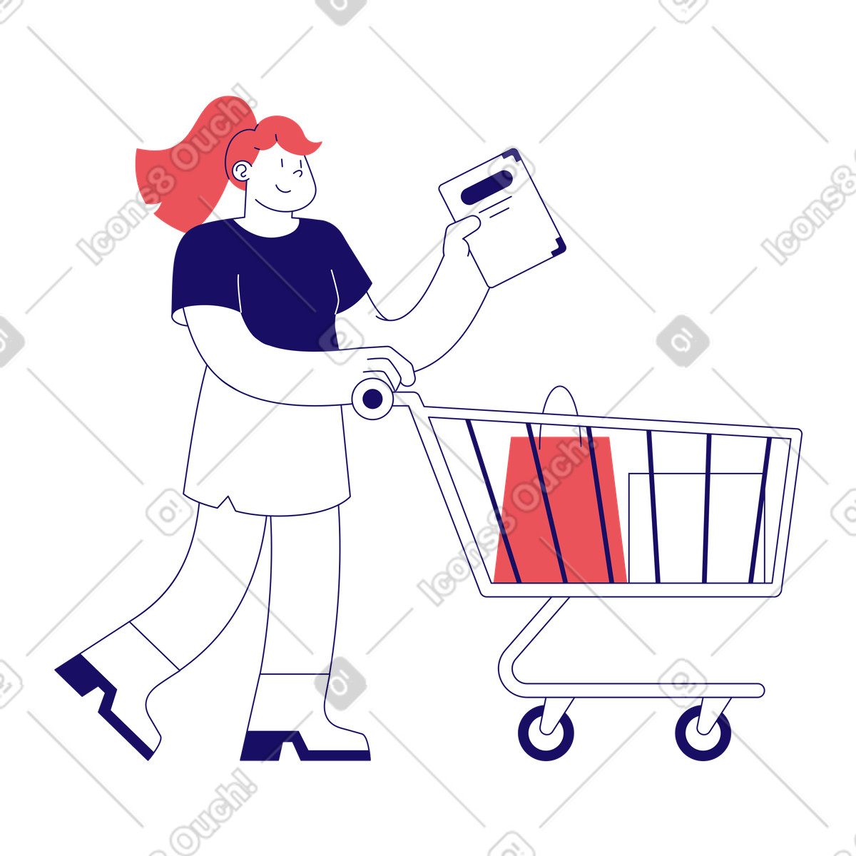Illustration Femme avec un caddie achetant livre dans le style Bendy à télécharger aux formats PNG, SVG