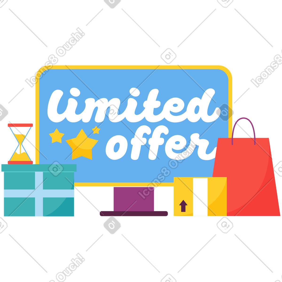 Ilustração de Limited offer sign with gift boxes and shopping bag, Promotional sale announcement em no estilo Sammy para baixar em PNG, SVG