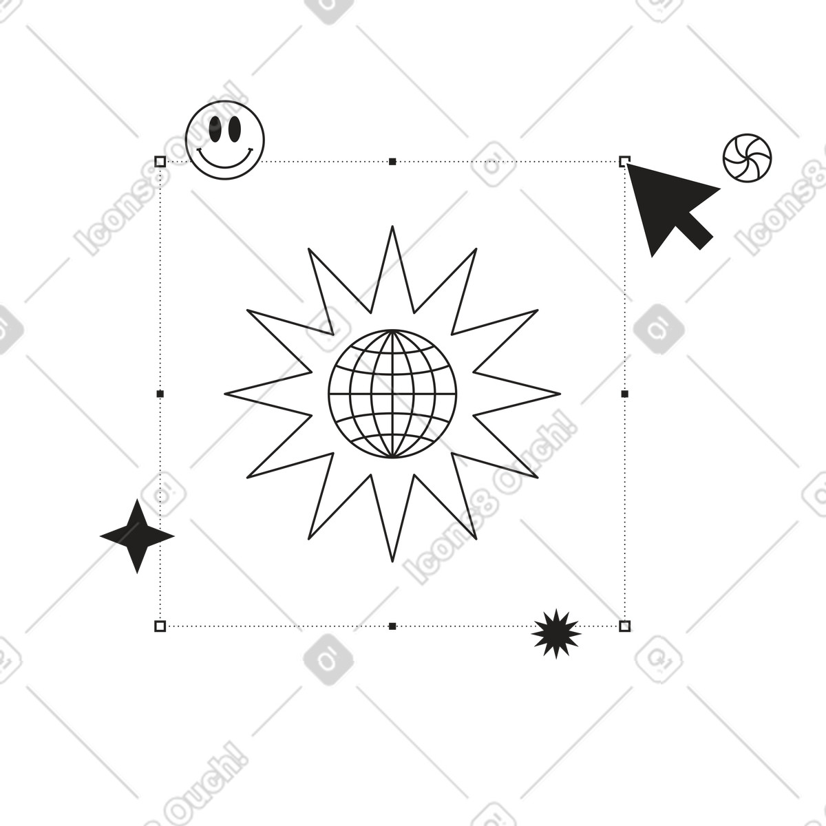 Icona del globo in una stella a più punte con freccia illustrazione stile Tokyo scarica PNG, SVG