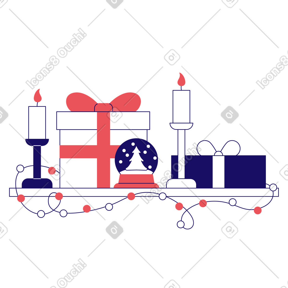 Illustration animée Cadeaux de noël, bougies et globe en verre dans le style Bendy à télécharger aux formats GIF, Lottie (JSON), AE