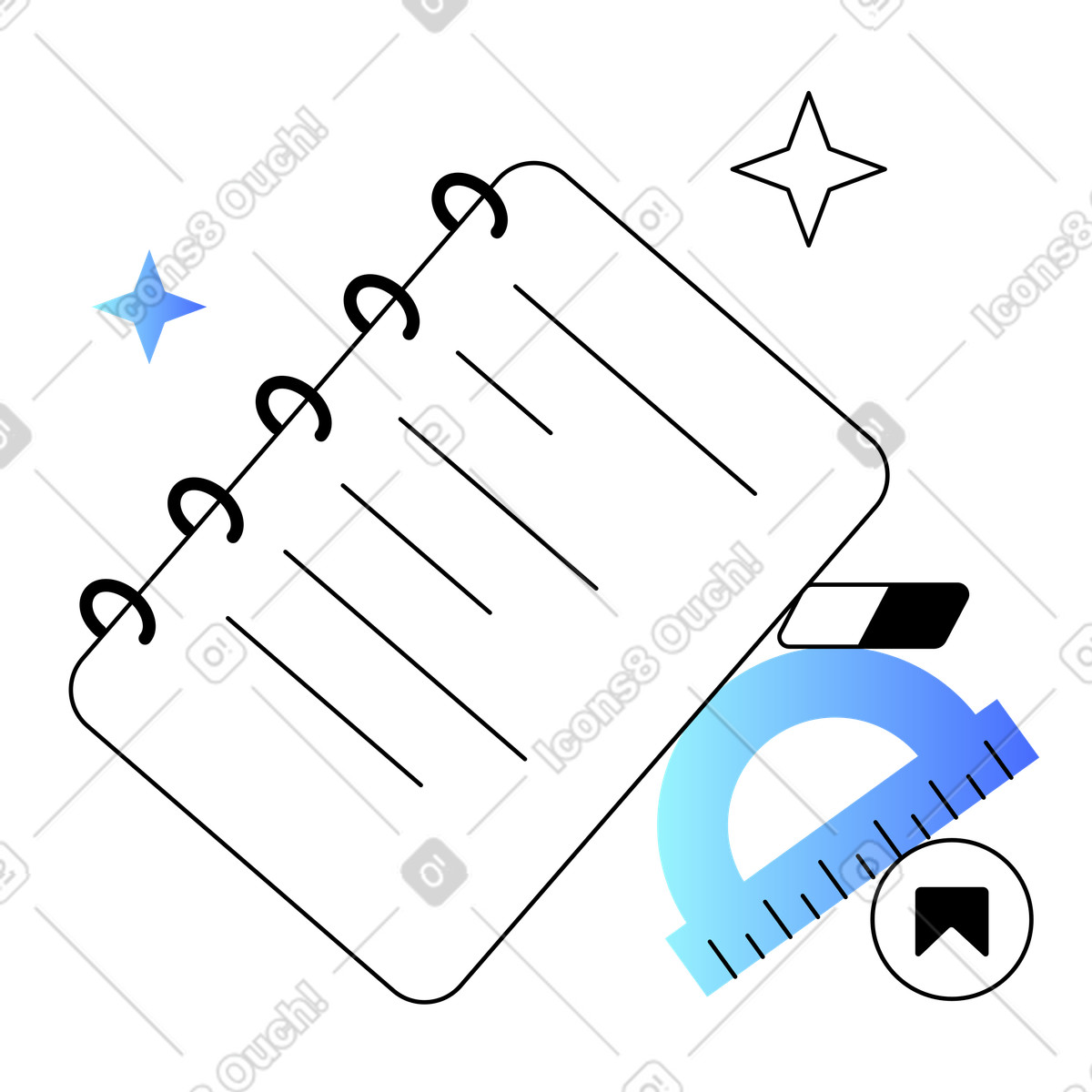 Cancelleria: blocco note, goniometro e gomma illustrazione in stile Azure scarica in PNG, SVG