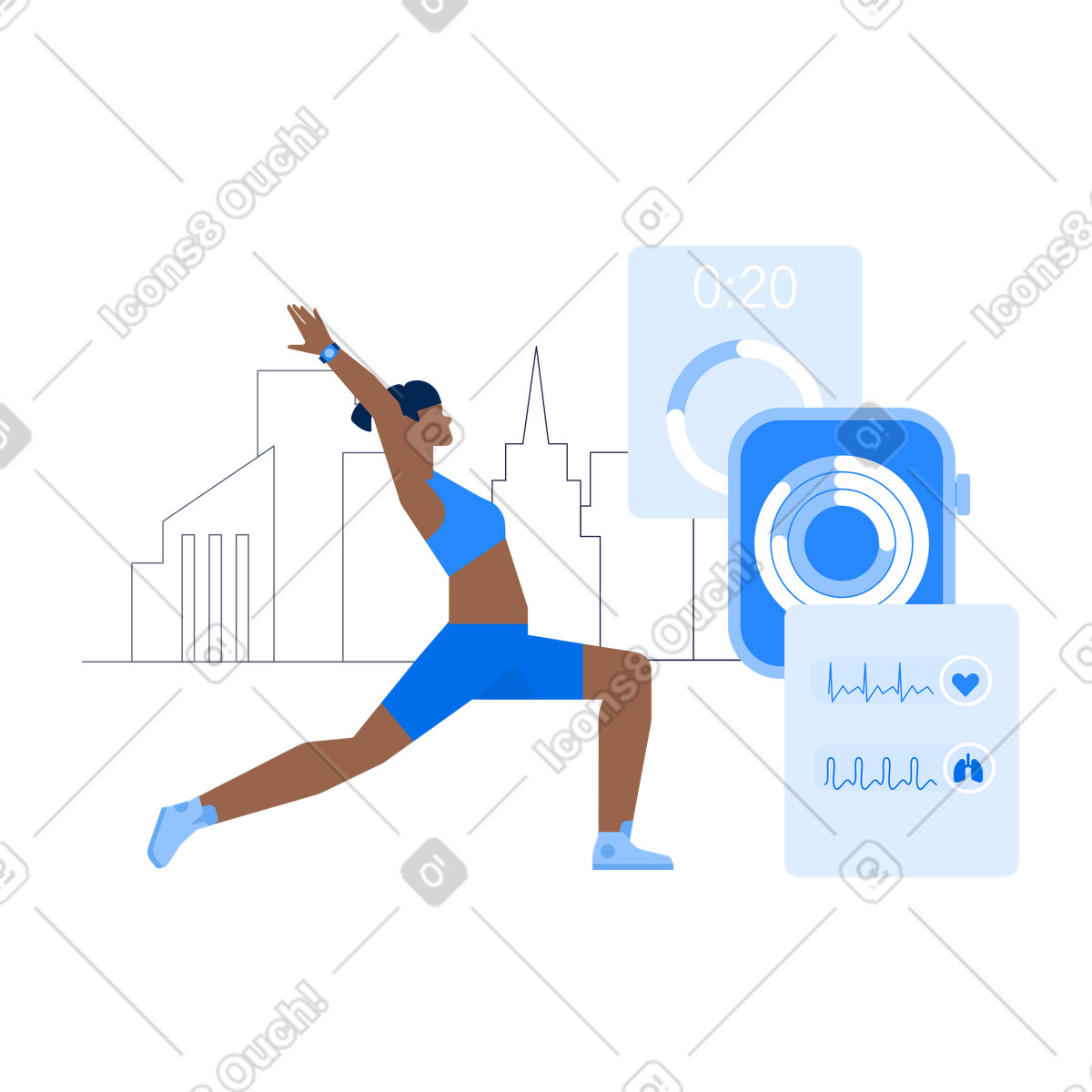 Illustration Outdoor workout with fitness tracker, activity tracking and analysis dans le style Urban à télécharger aux formats PNG, SVG